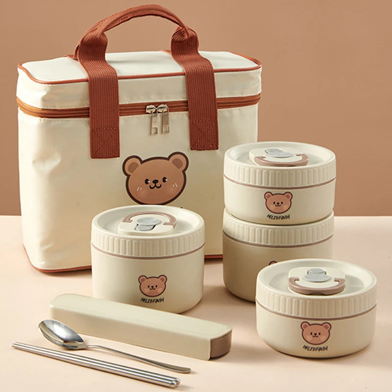 Boite repas isotherme Kawaii Ourson ensemble de 4 beige